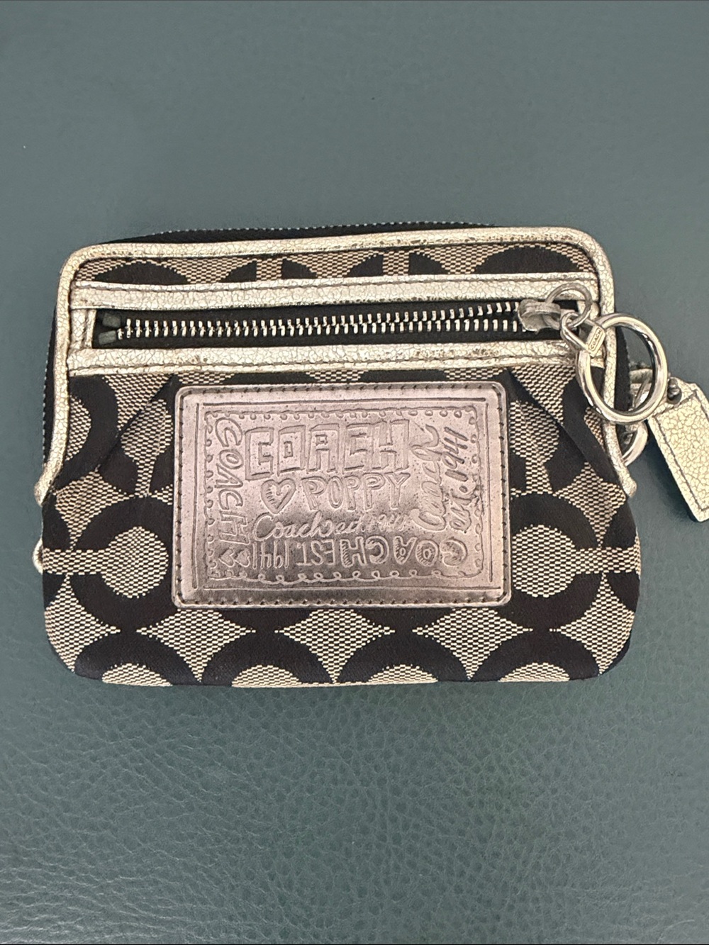 Coach Black & Cream Signature Poppy Coin Pouch wristlet with Metallic Trim